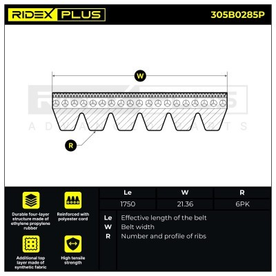 Pasek Klinowy Wielorowkowy RIDEX 305B0285P 305B0285P - foto 7