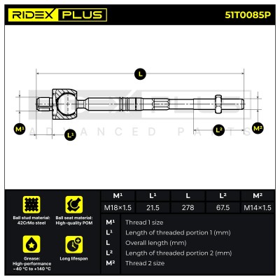 Drążek kierowniczy RIDEX 51T0085P 51T0085P - foto 6